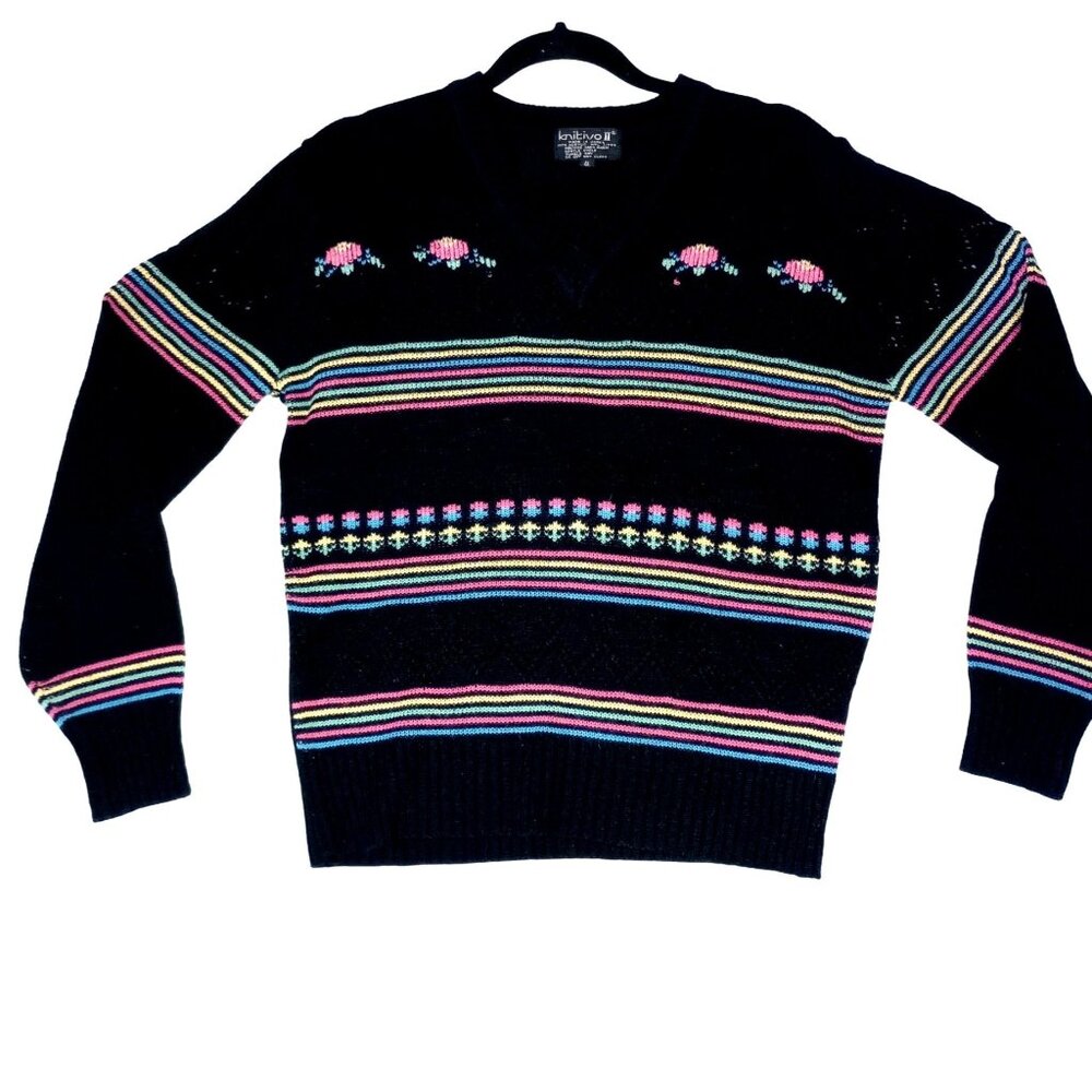 Vintage Black Sweater Floral & Rainbow Striped Pattern 100% Acrylic Size 40